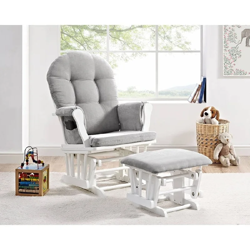 Windsor Glider and Ottoman, White Finish with Gray Cushions