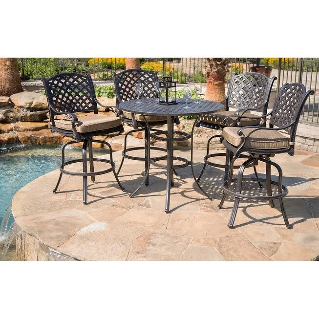 Yorkshire 5 Piece Aluminum Bar Set with Cushions, 42" Round Bar Table