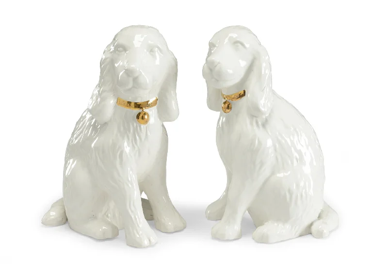 Pair of White Glazed Dogs with Metallic Gold Accents - 14" Decorative Sculptures by Bradshaw Orrell