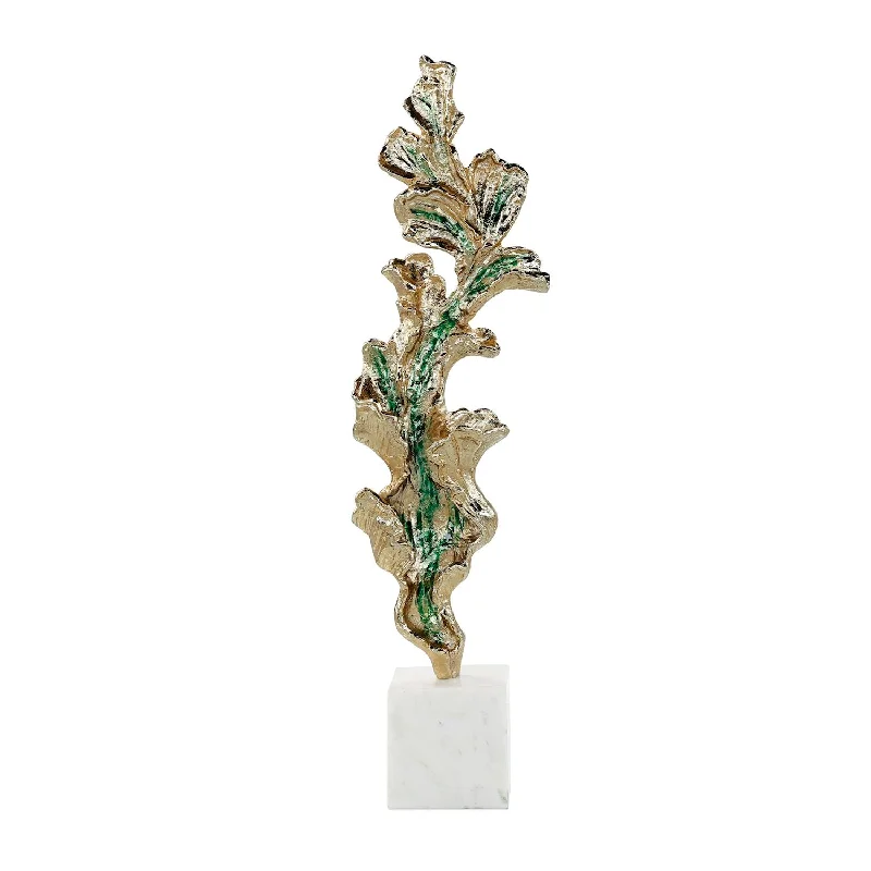 Gleaming Leaf Sculpture on Marble Base, Large Gold JRA-15261