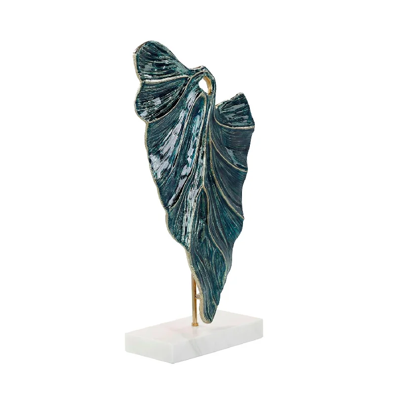 Standing Leaf Sculpture on Marble Base, Large Blue JRA-15329