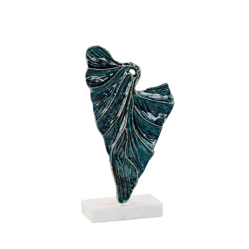 Standing Leaf Sculpture on Marble Base, Small Blue JRA-15330