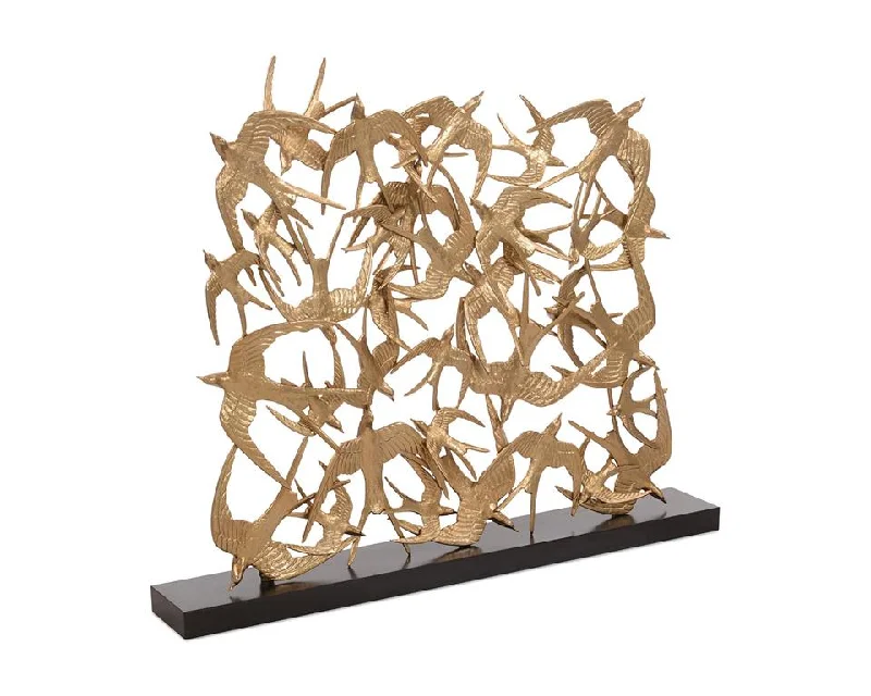 John-Richard Modern Swallows In Flight Brass Sculpture, Birds on Black Iron Base