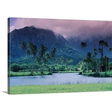 Ann Cecil Premium Thick-Wrap Canvas entitled Lush mountain landscape with palm trees in Hawaii, Kauai