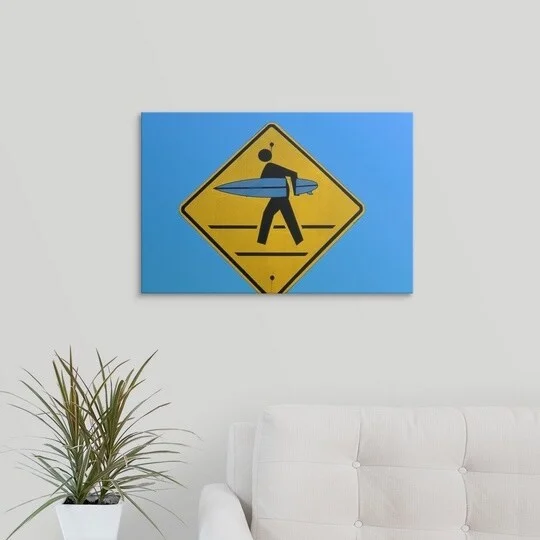 Holger Leue Premium Thick-Wrap Canvas entitled Surfer Crossing Road Sign, Kauai, Hawaii, USA