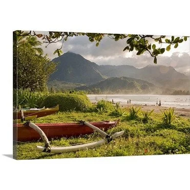 Linda Ching Premium Thick-Wrap Canvas entitled Canoe with mountain backdrop, Kauai, Hanalei, Hawaii