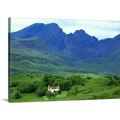 Premium Thick-Wrap Canvas entitled Cottage On Isle Of Skye At Foot Of Mountains, Highland, Scotland.