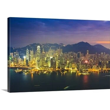 Premium Thick-Wrap Canvas entitled High angle view of Hong Kong Island at sunset, Hong Kong, China