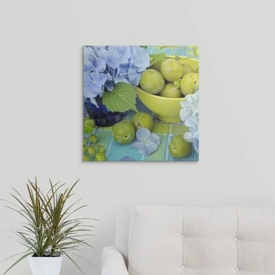 Premium Thick-Wrap Canvas entitled Mophead Hydrangeas (Hydrangea macrophylla) and Bowl of Greengages