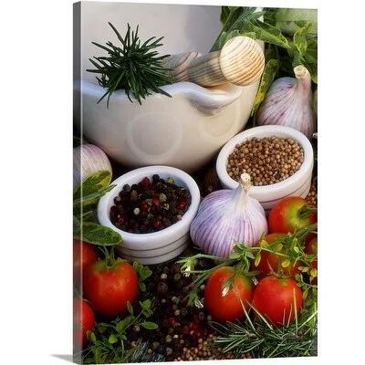 Premium Thick-Wrap Canvas entitled Sage, Garlic, Rosemary, Thyme, Peppercorns, and sesame seeds